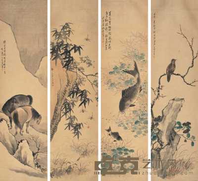 王素 壬申（1872）年作 四季四条屏 立轴 178×47cm×4